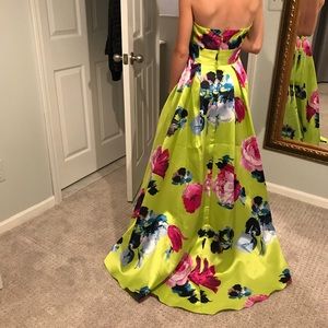 Green purple and pink floral ball gown